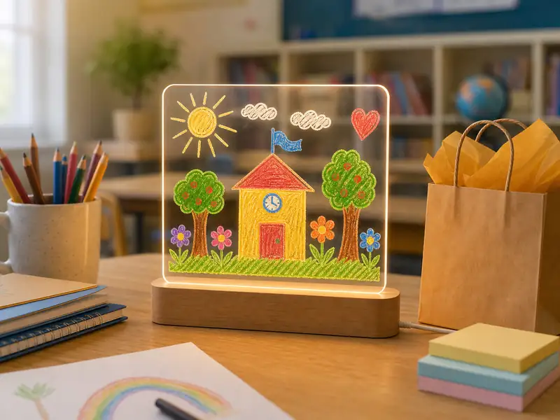 Custom Kids Drawing LED Night Light on a teacher desk as an end-of-school-year keepsake gift.