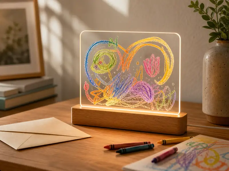 Custom Kids Drawing LED Night Light glowing on a home desk as an unexpected just-because keepsake gift.