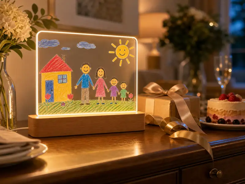 Custom Kids Drawing LED Night Light displayed with a wrapped gift as a milestone birthday keepsake.