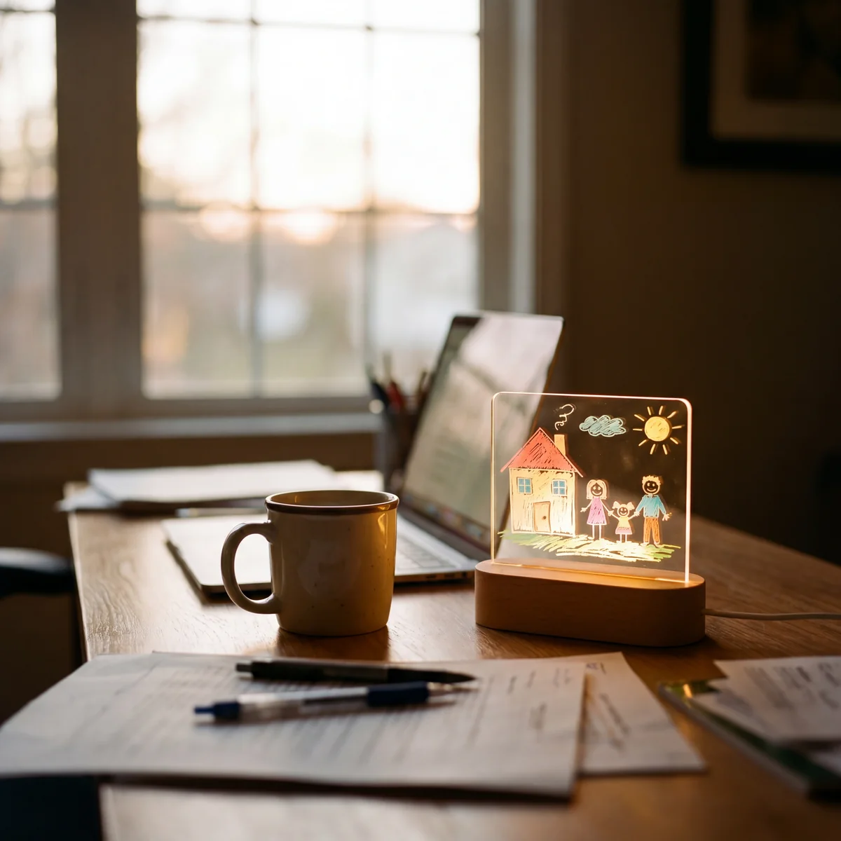 Custom Kids Drawing LED Night Light displayed in Dad's space, a personalized keepsake gift.