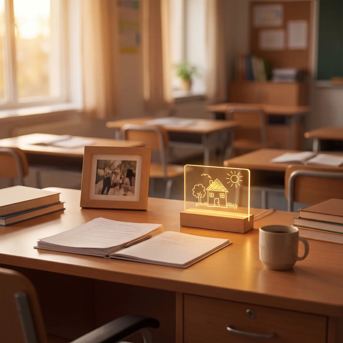 Custom Kids Drawing LED Night Light displayed in your kid's teacher's space, a personalized keepsake gift.