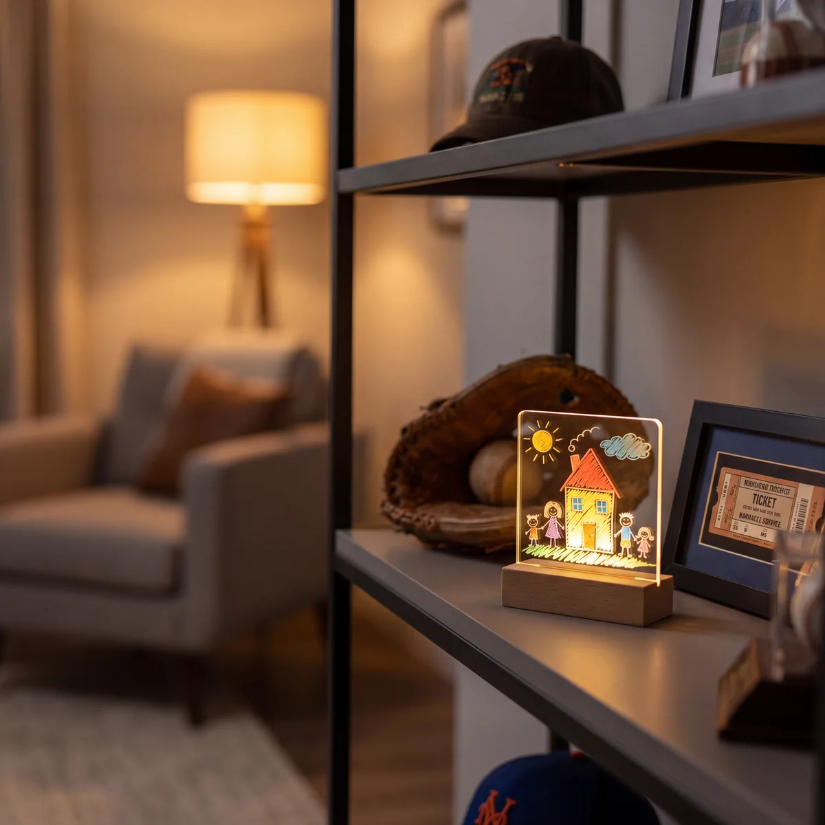 Custom Kids Drawing LED Night Light displayed in your uncle's space, a personalized keepsake gift.