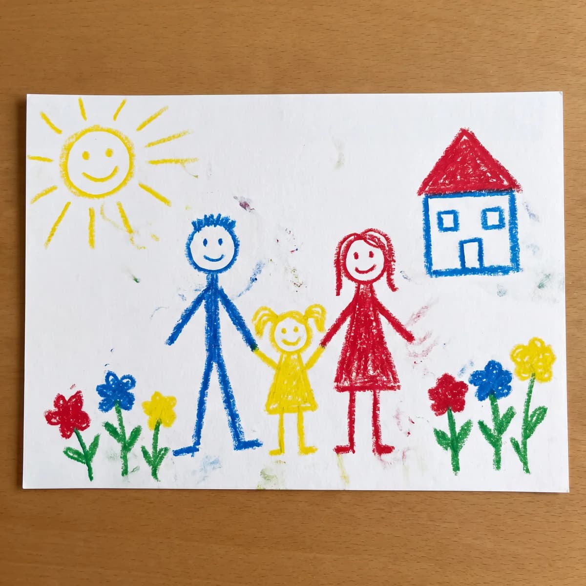Child's wax crayon family portrait drawing on white paper, the kind PrintCraftMan turns into a UV-printed LED night light keepsake for aunt.