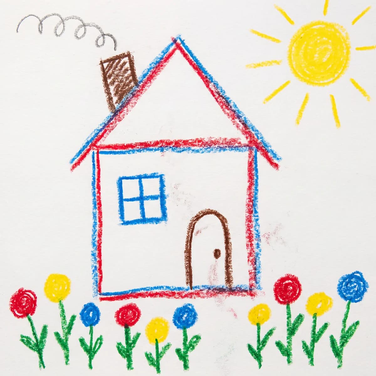 Child's wax crayon house drawing drawing on white paper, the kind PrintCraftMan turns into a UV-printed LED night light keepsake for dad.