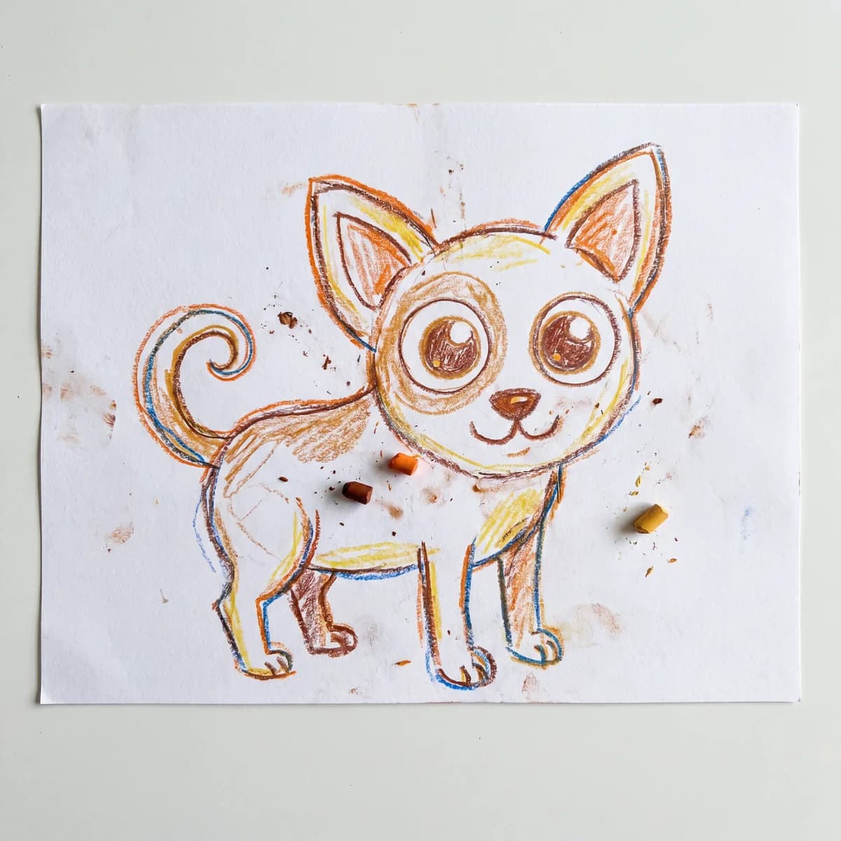 Child's wax crayon pet drawing on white paper, the kind PrintCraftMan turns into a UV-printed LED night light keepsake for mom.